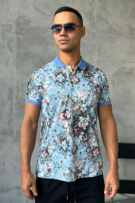 Мужское поло "Floral" - Blue / Pink 