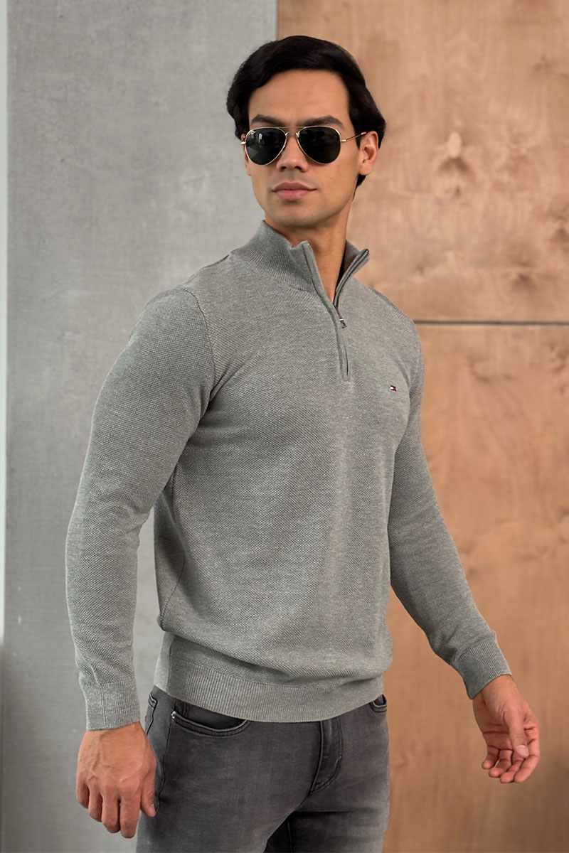 Tommy Hilfiger Серый джемпер Zip Neck logo-embroidered