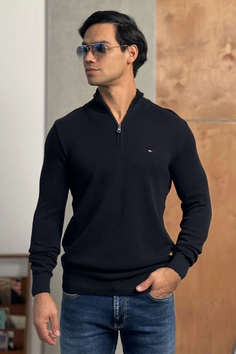 Tommy Hilfiger Тёмно-синий джемпер Zip Neck logo-embroidered