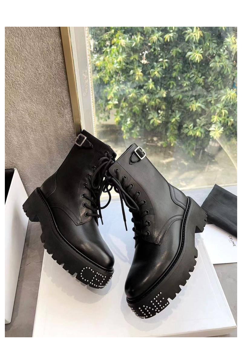 Celine Женские кожаные ботинки с мехом premium - Black