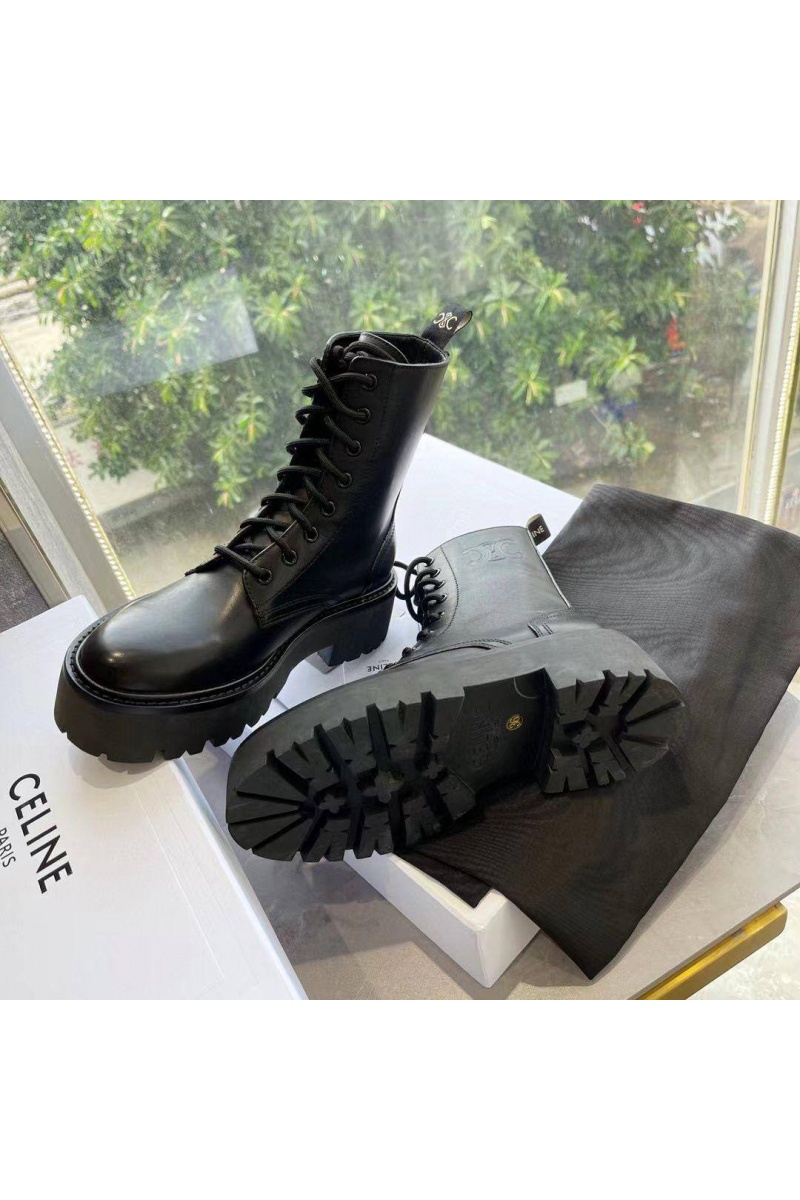 Celine Женские кожаные ботинки с мехом premium - Black
