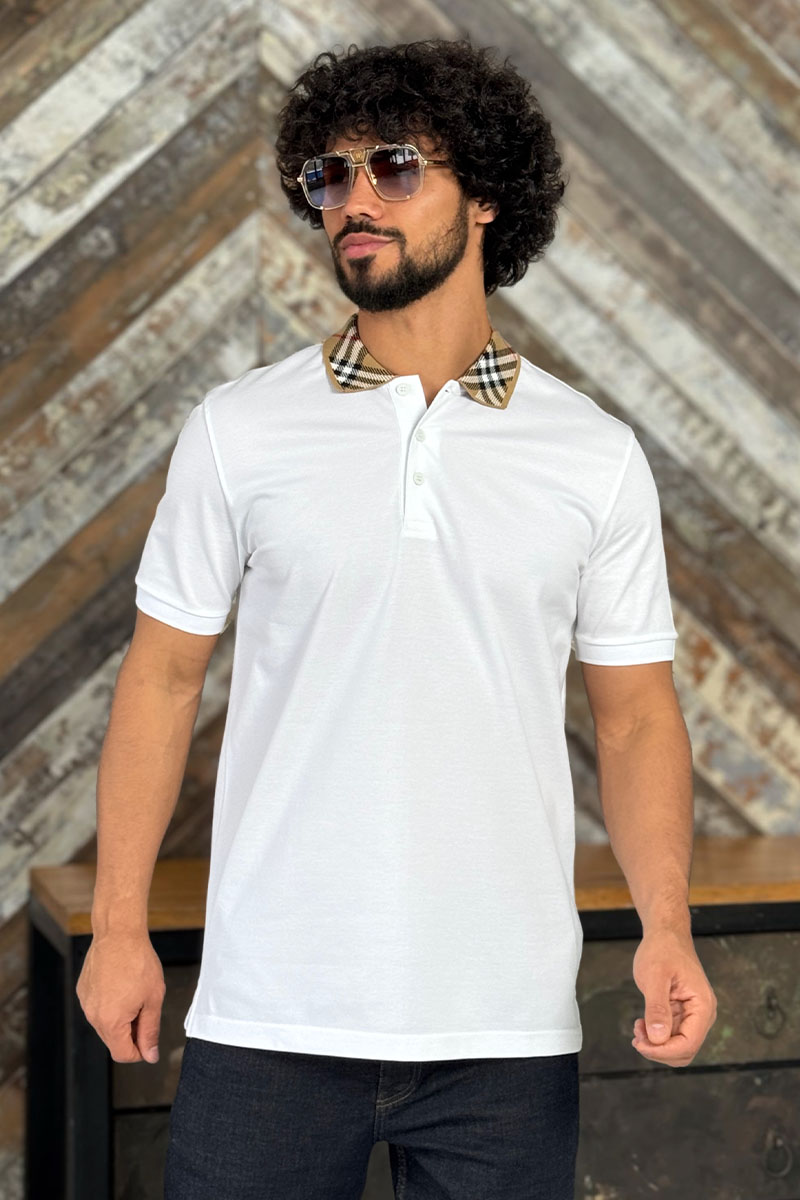 Burberry Мужское белое поло check collar