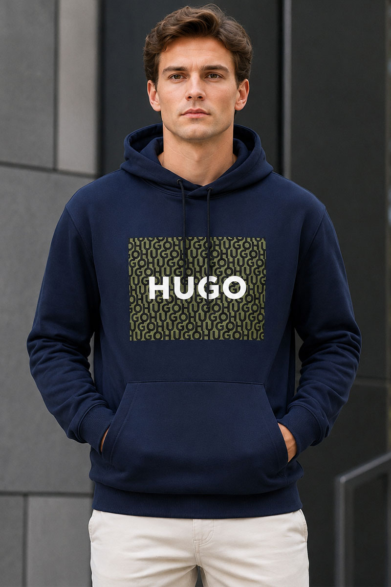 Hugо Воss Тёмно-синее мужское худи Dreeman logo-print
