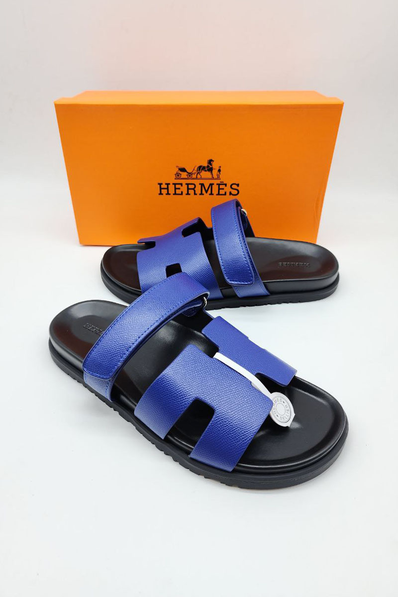 Hermes Мужские кожаные шлёпанцы Chypre - Blue / Black