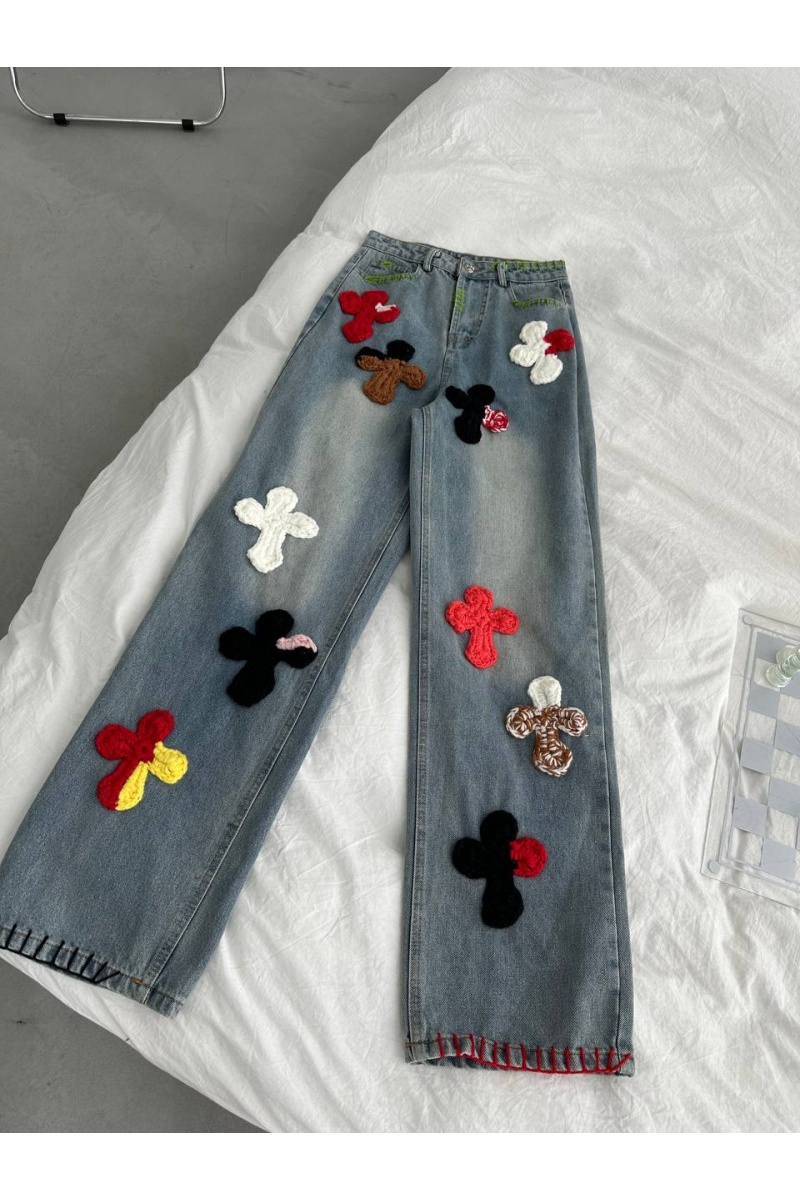  Женские джинсы с нашивками Chrome Hearts синего цвета
