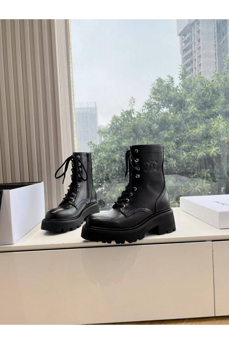 Celine Женские кожаные ботинки с мехом premium - Black