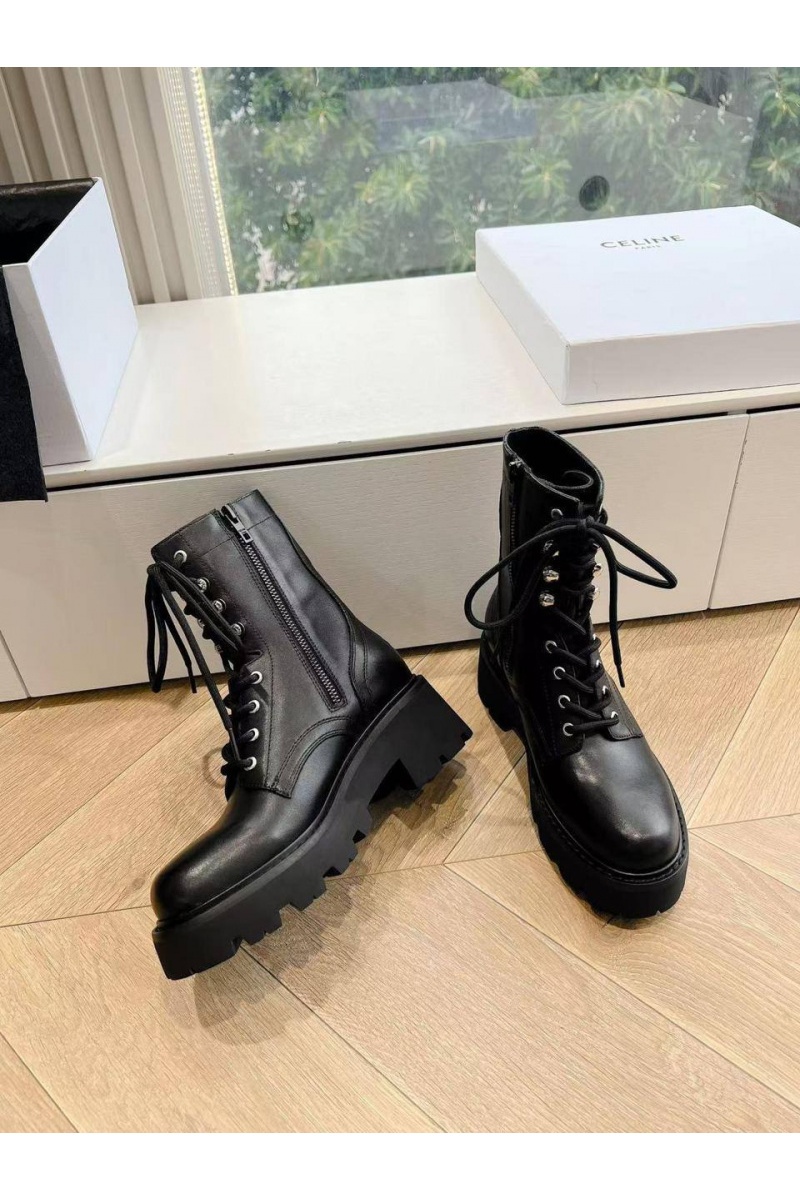Celine Женские кожаные ботинки с мехом premium - Black