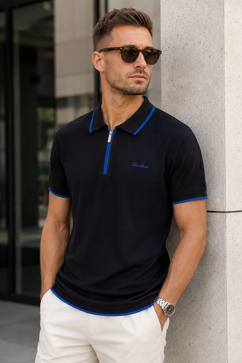 Loro Piana Мужское тёмно-синее поло zip-neck