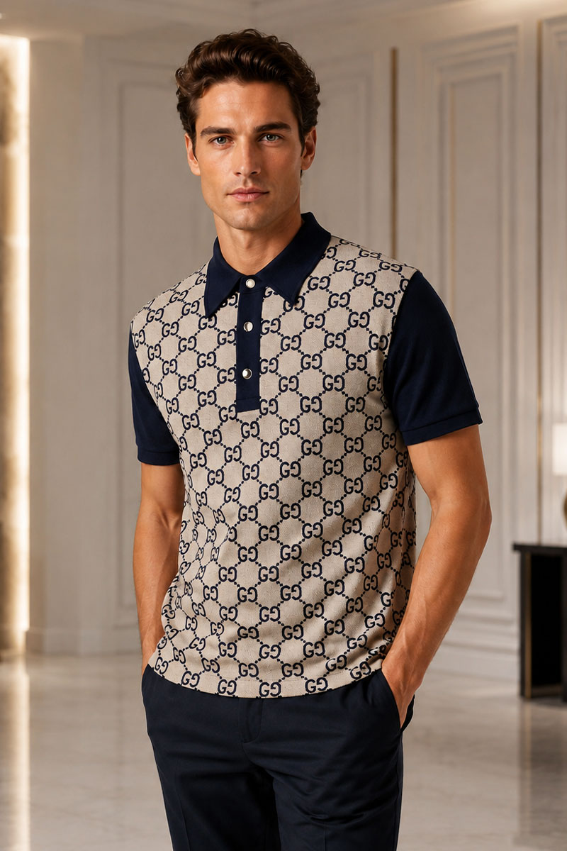 Gucci Мужское поло GG monogram all-over - Navy / Beige
