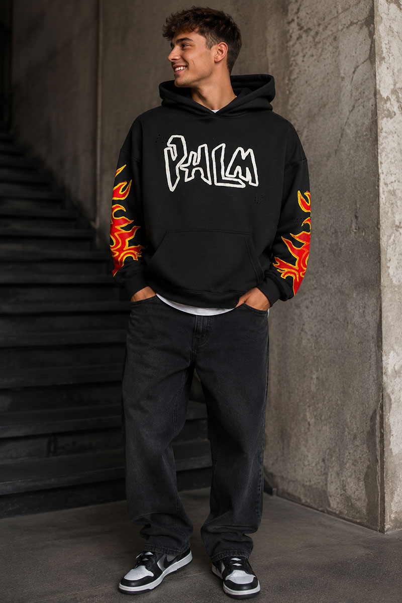 Palm Angels Чёрное худи Graffiti Flames logo-print