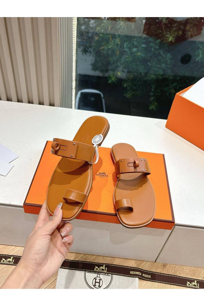 Hermes Женские кожаные шлёпанцы July Kelly premium
