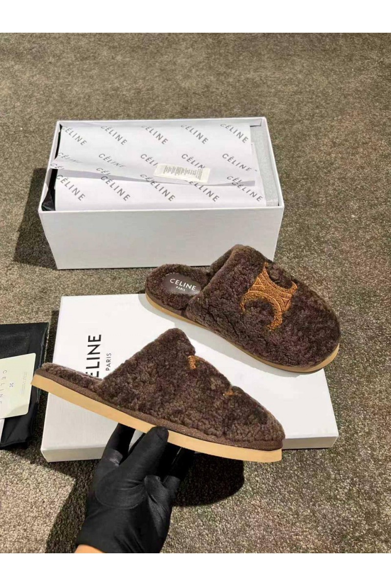 Celine Женские меховые шлёпанцы Triomphe premium