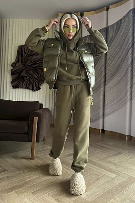 Женский костюм тройка на флисе Premium - Green