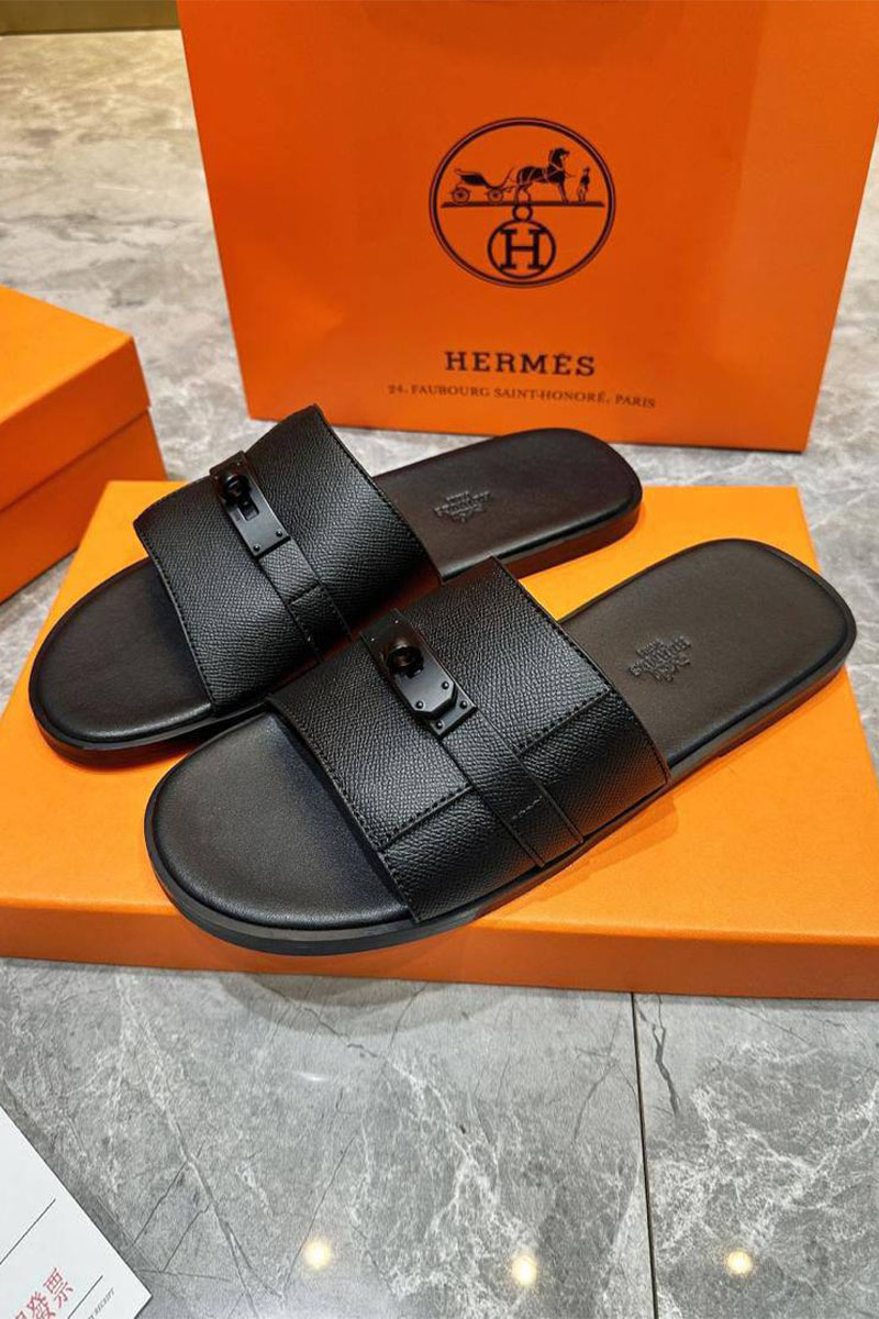 Hermes Мужские кожаные шлёпанцы чёрного цвета