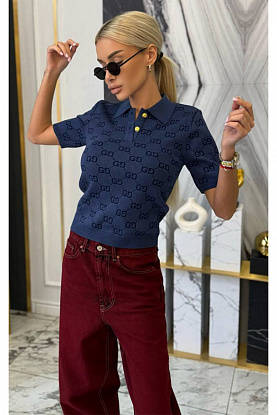 Синее женское поло GG monogram-pattern