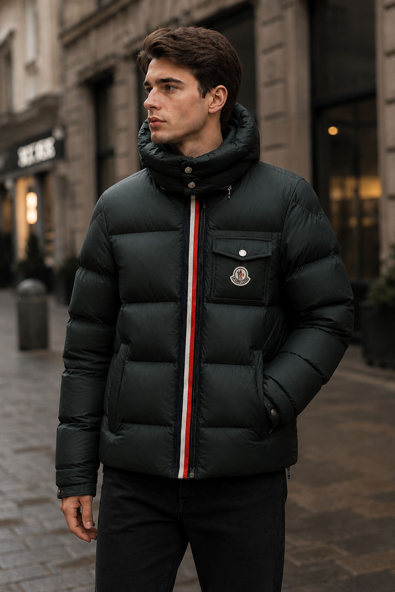 Moncler Мужской пуховик тёмно-зелёного цвета
