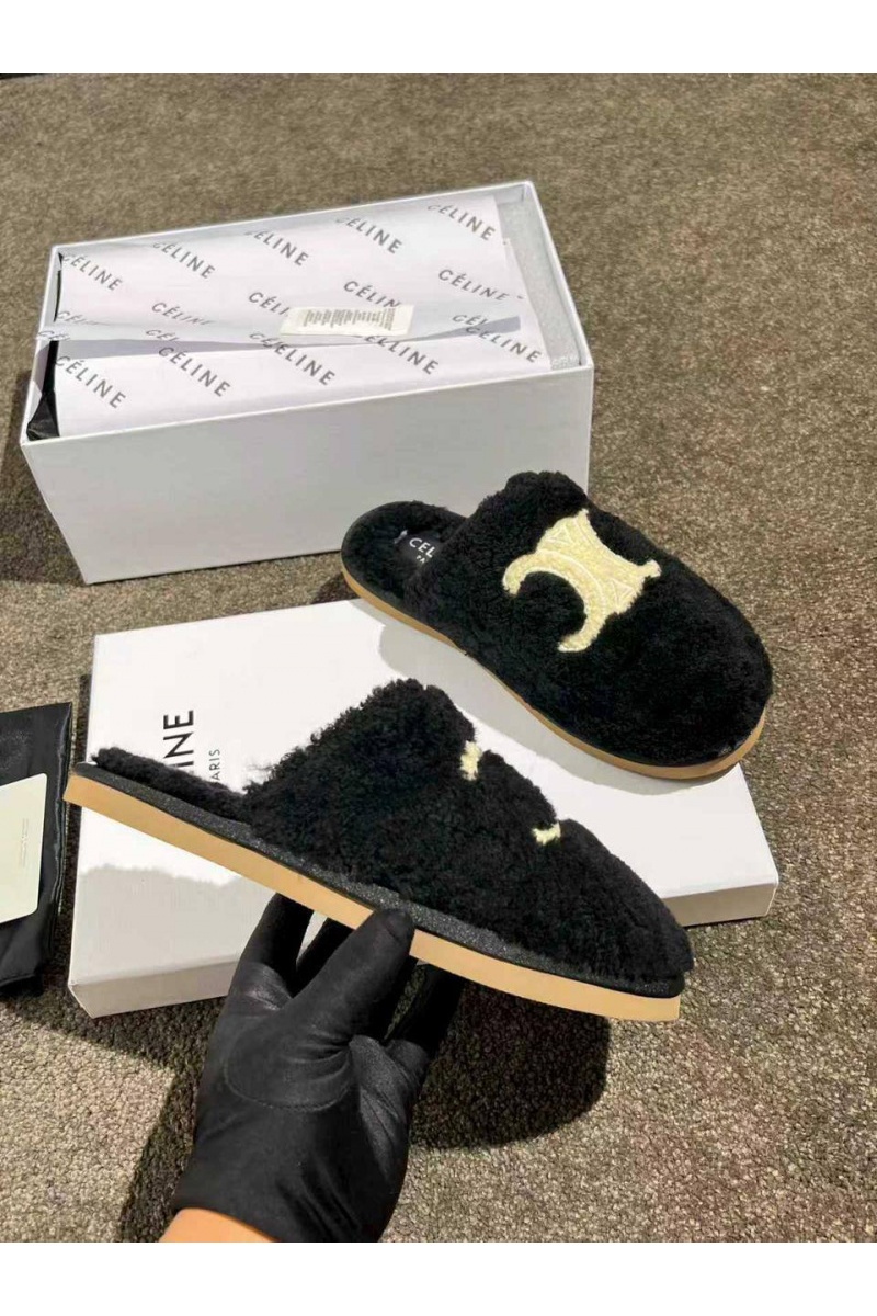 Celine Женские меховые шлёпанцы Triomphe premium