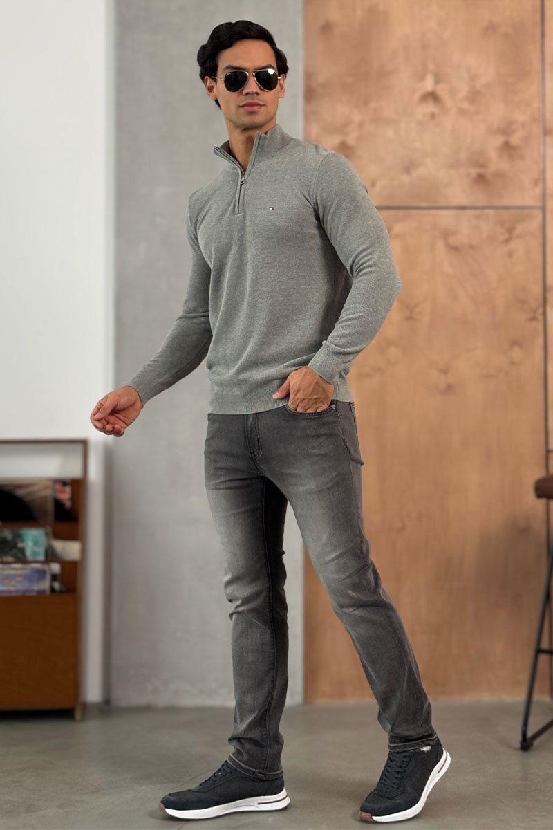 Tommy Hilfiger Серый джемпер Zip Neck logo-embroidered