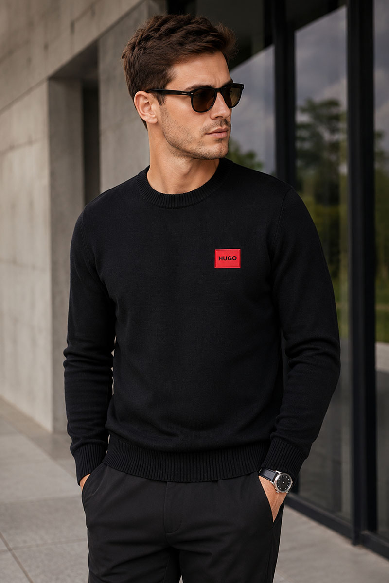 Hugо Воss Чёрный мужской джемпер red logo label