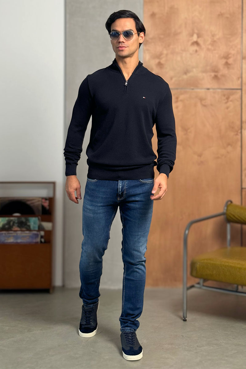 Tommy Hilfiger Тёмно-синий джемпер Zip Neck logo-embroidered