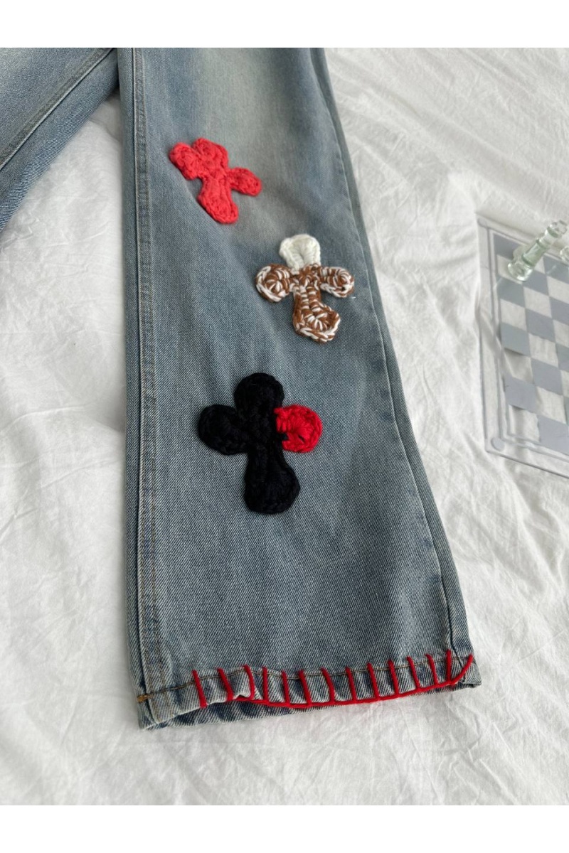  Женские джинсы с нашивками Chrome Hearts синего цвета