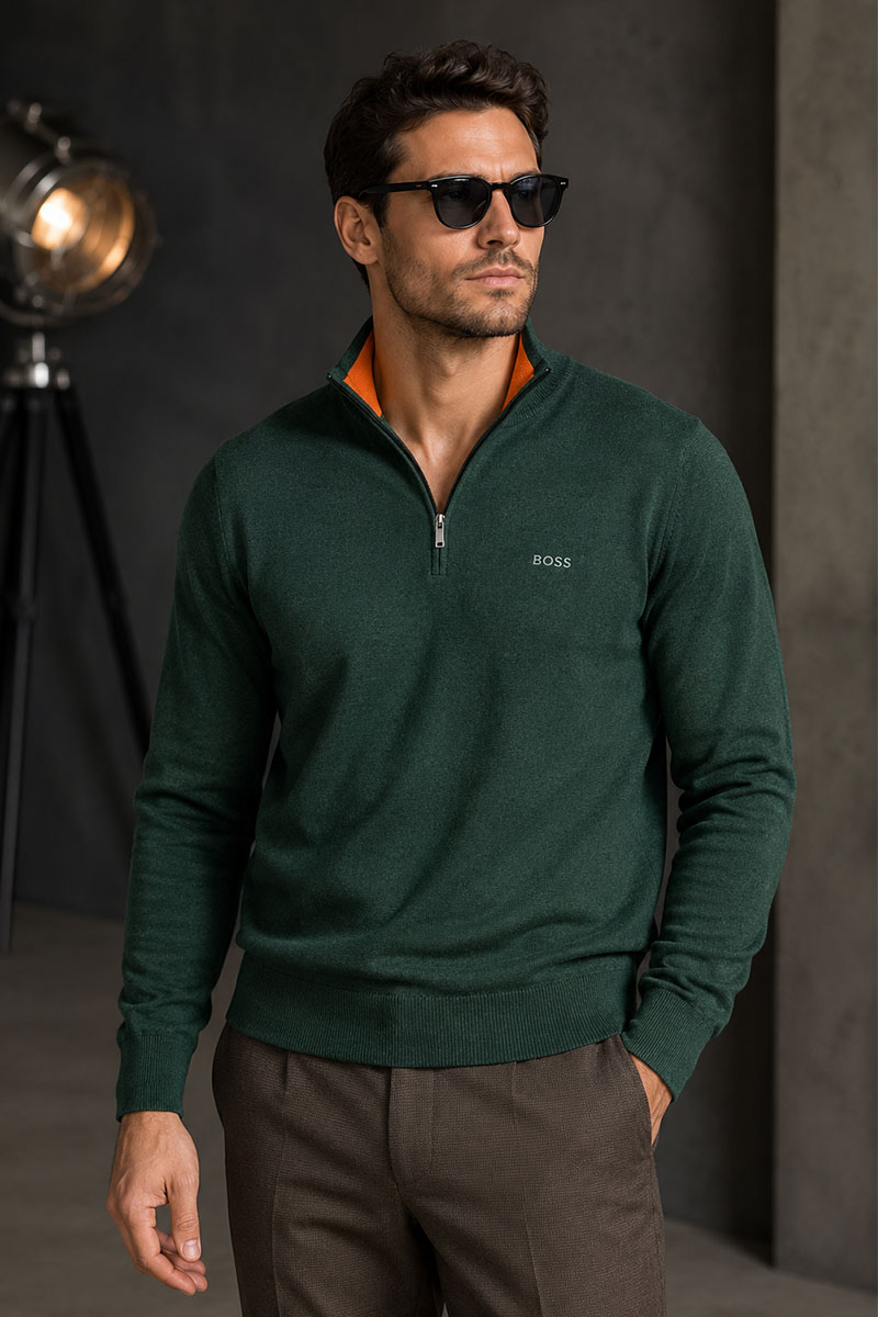 Hugо Воss Мужской джемпер quarter zip - Green