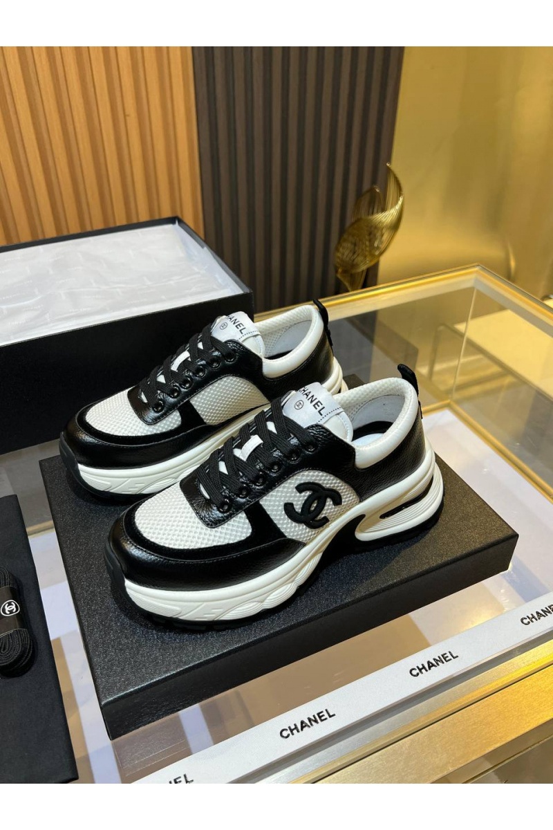 Chаnеl Женские кожаные кроссовки Premium - Black / White