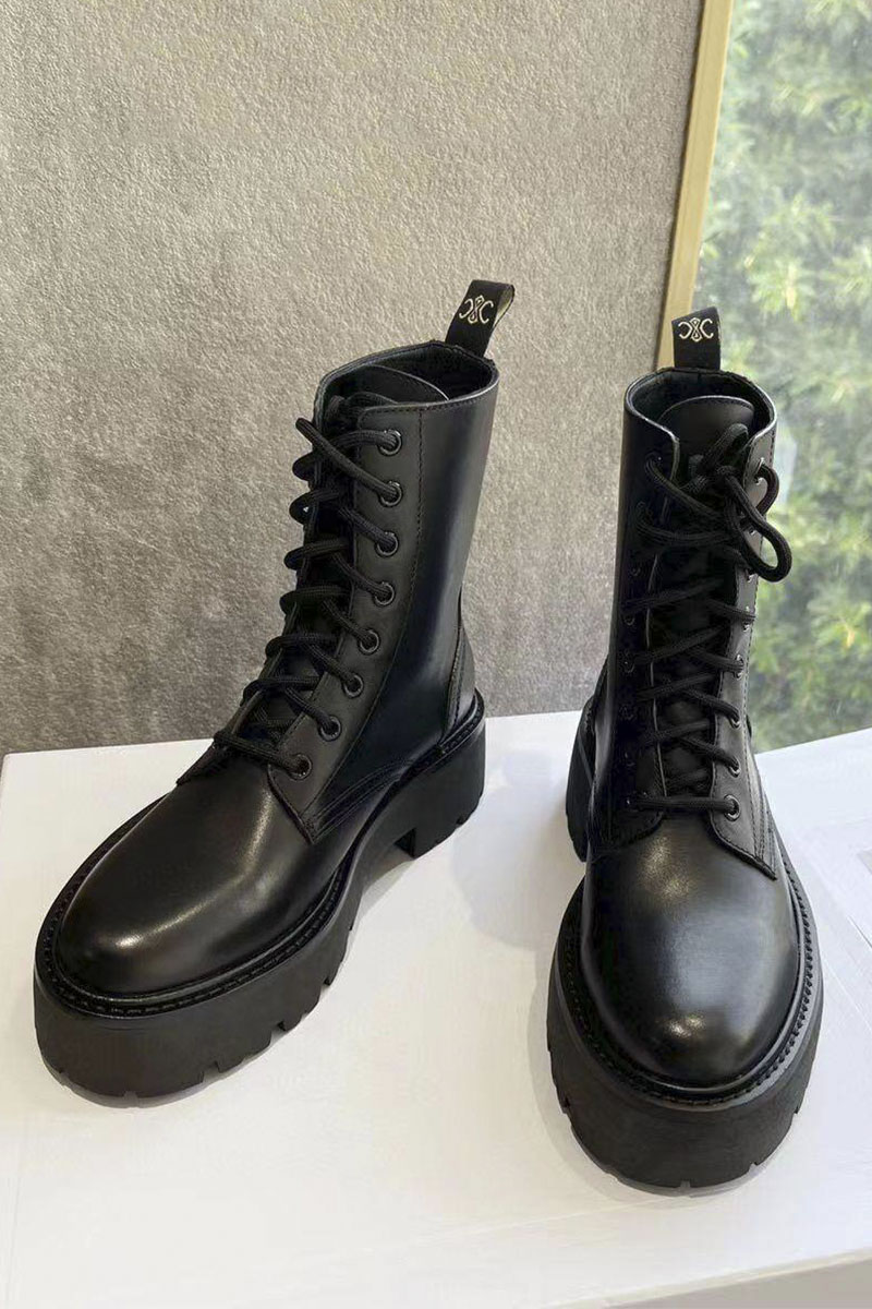 Celine Женские кожаные ботинки с мехом premium - Black