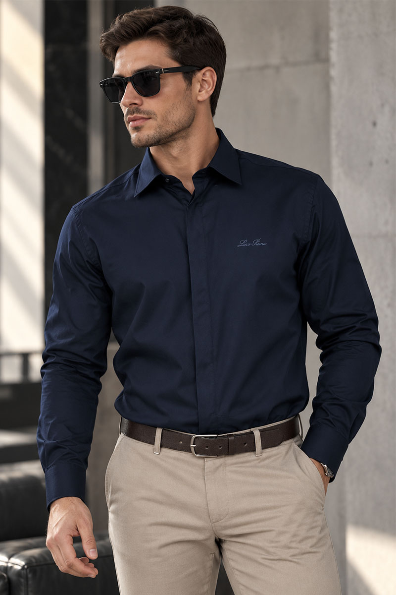 Loro Piana Мужская тёмно-синяя рубашка logo-embroidered
