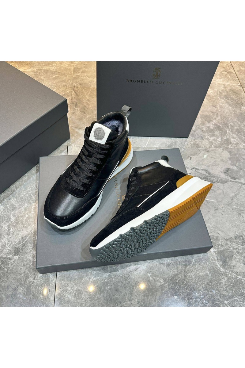 Designer Кожаные кроссовки с мехом high-top - Black