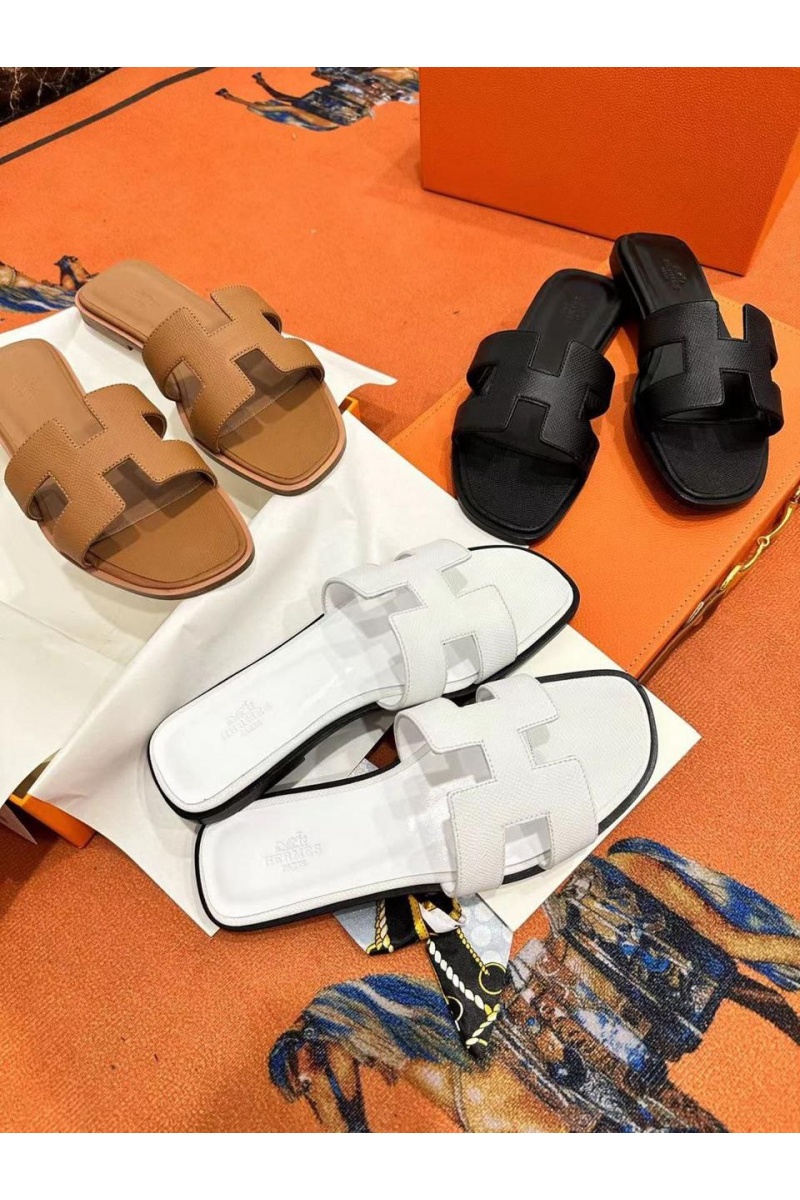 Hermes Женские кожаные шлёпанцы Premium - White