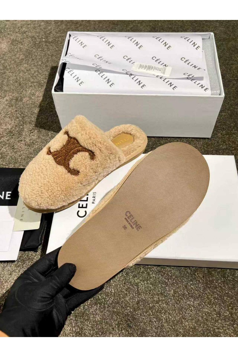 Celine Женские меховые шлёпанцы Triomphe premium