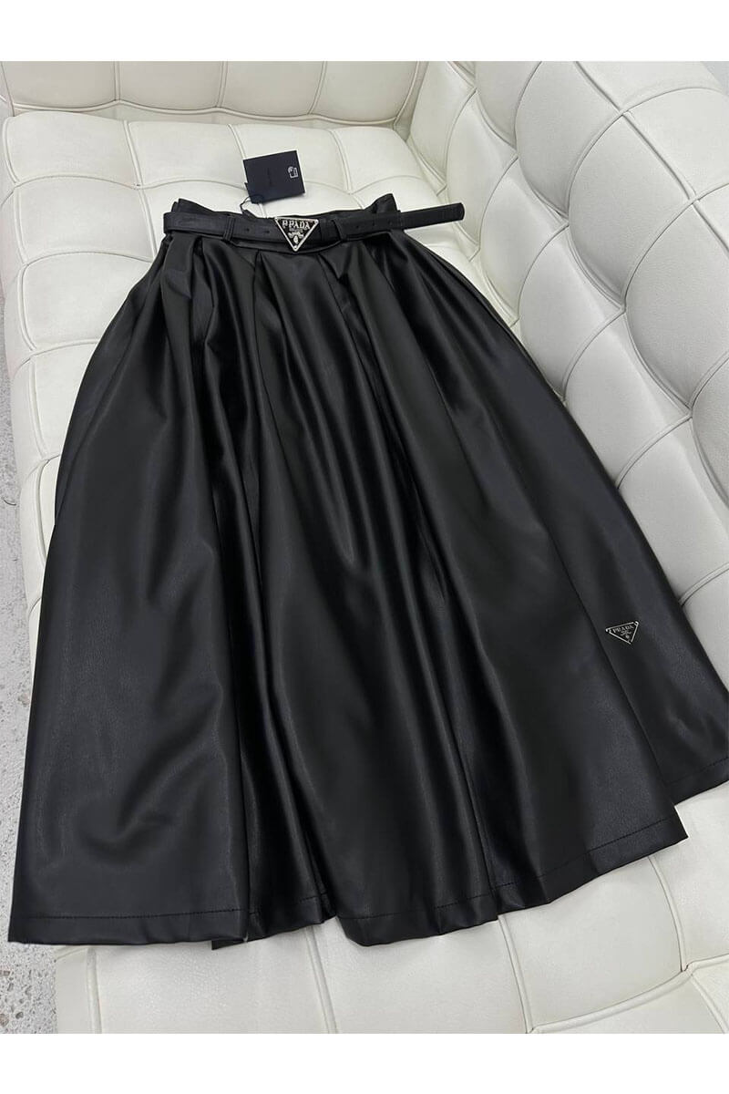 Prada Длинная женская кожаная юбка чёрного цвета 