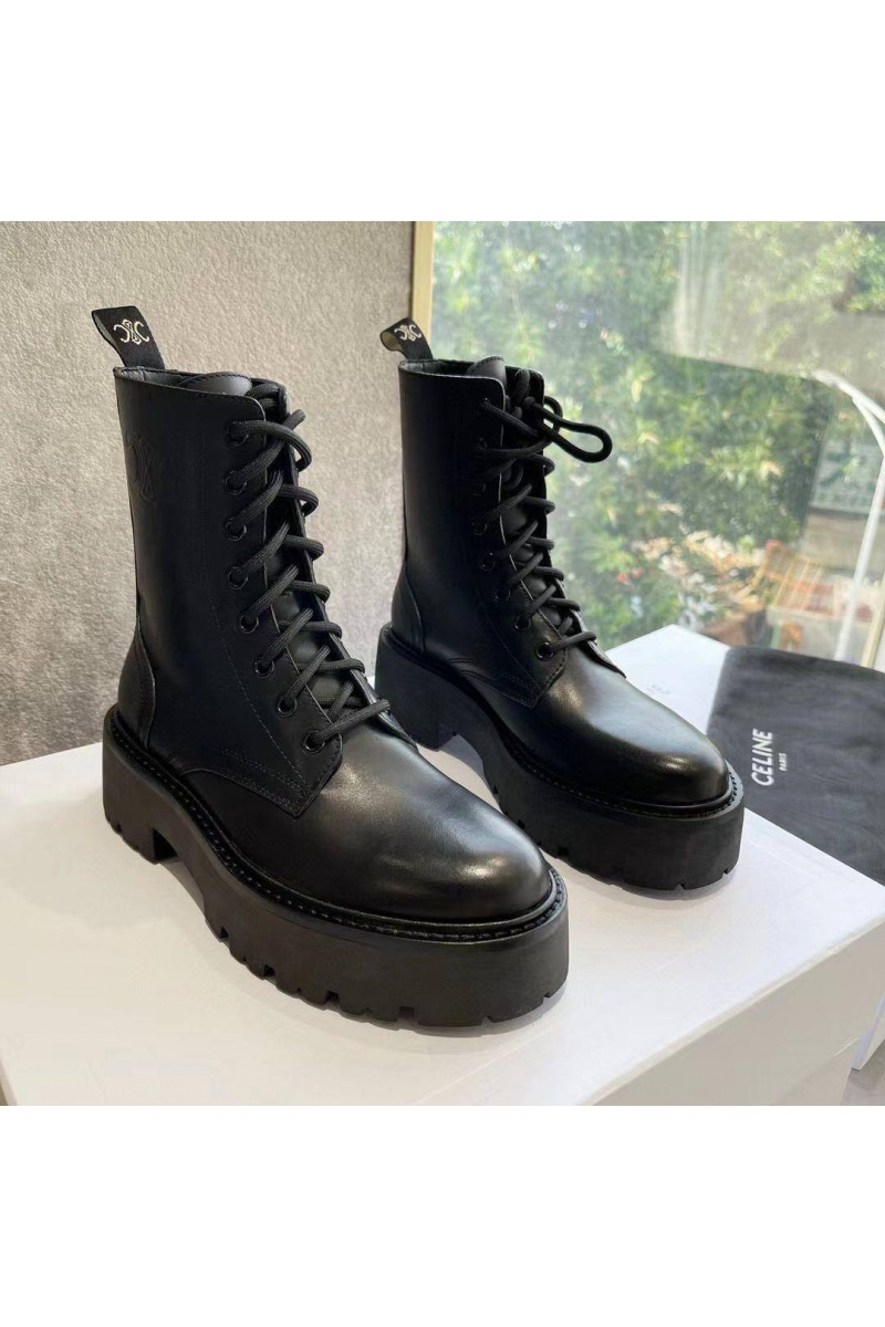 Celine Женские кожаные ботинки с мехом premium - Black