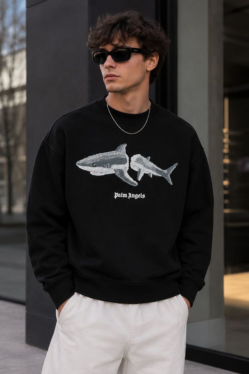 Palm Angels Чёрный оверсайз свитшот Shark
