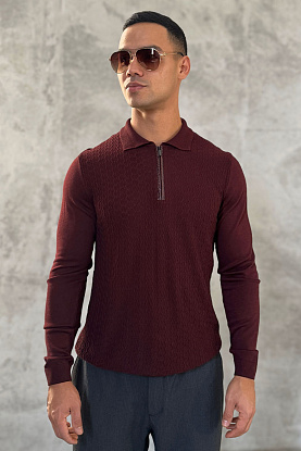 Поло с длинным рукавом zip-up - Burgundy