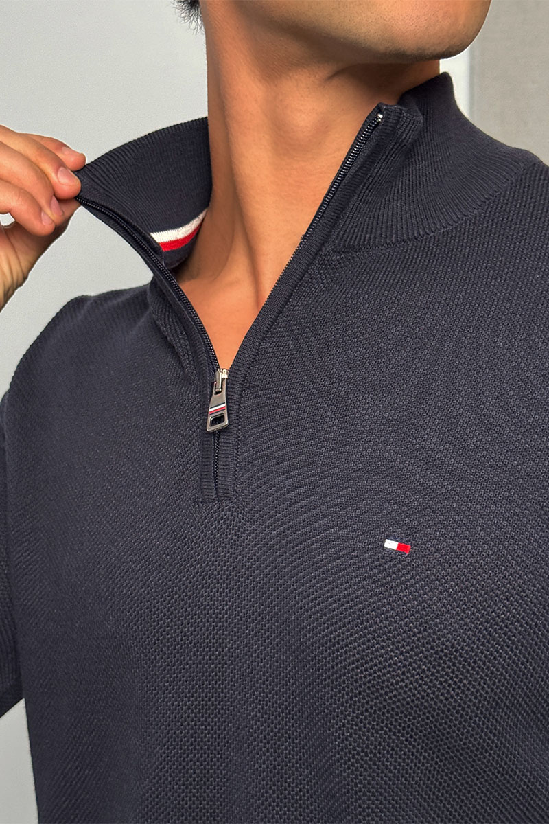 Tommy Hilfiger Тёмно-синий джемпер Zip Neck logo-embroidered