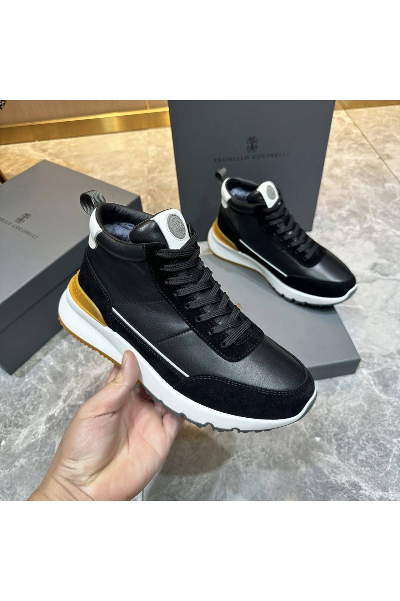 Designer Кожаные кроссовки с мехом high-top - Black