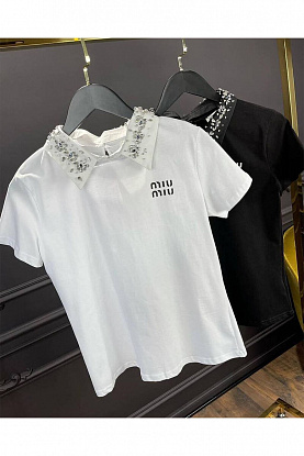 Женская белая футболка со съемным воротником MIU MIU