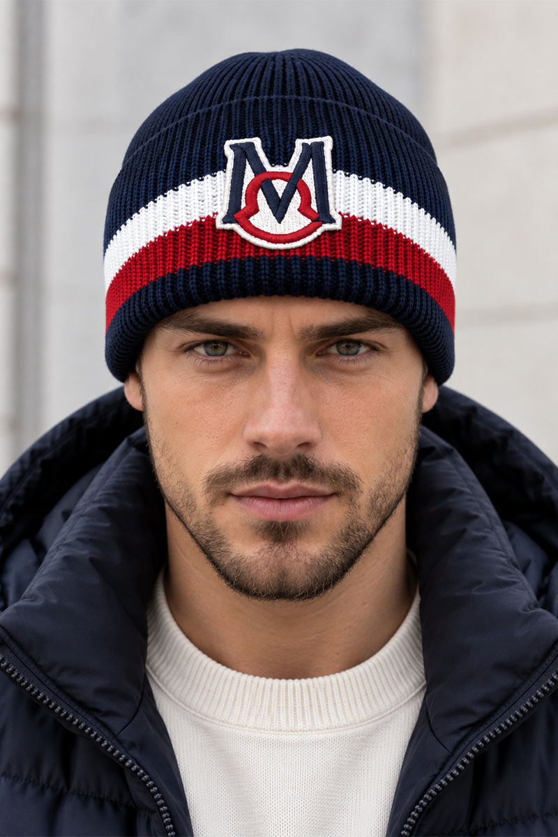 Moncler Мужская брендовая шапка тёмно-синего цвета