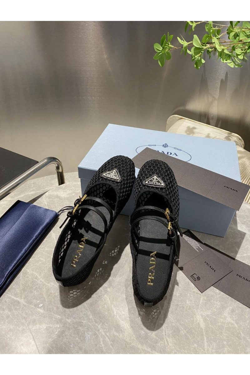 Prada Женские сетчатые балетки чёрного цвета
