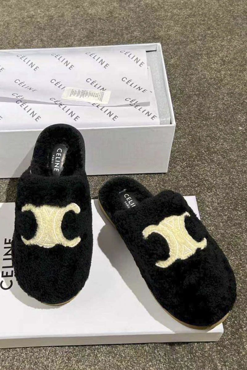 Celine Женские меховые шлёпанцы Triomphe premium