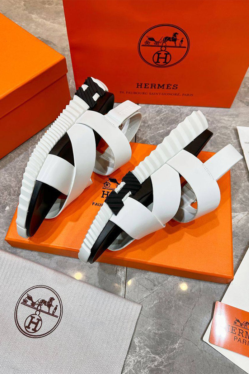 Hermes Мужские кожаные сандалии Electric - White