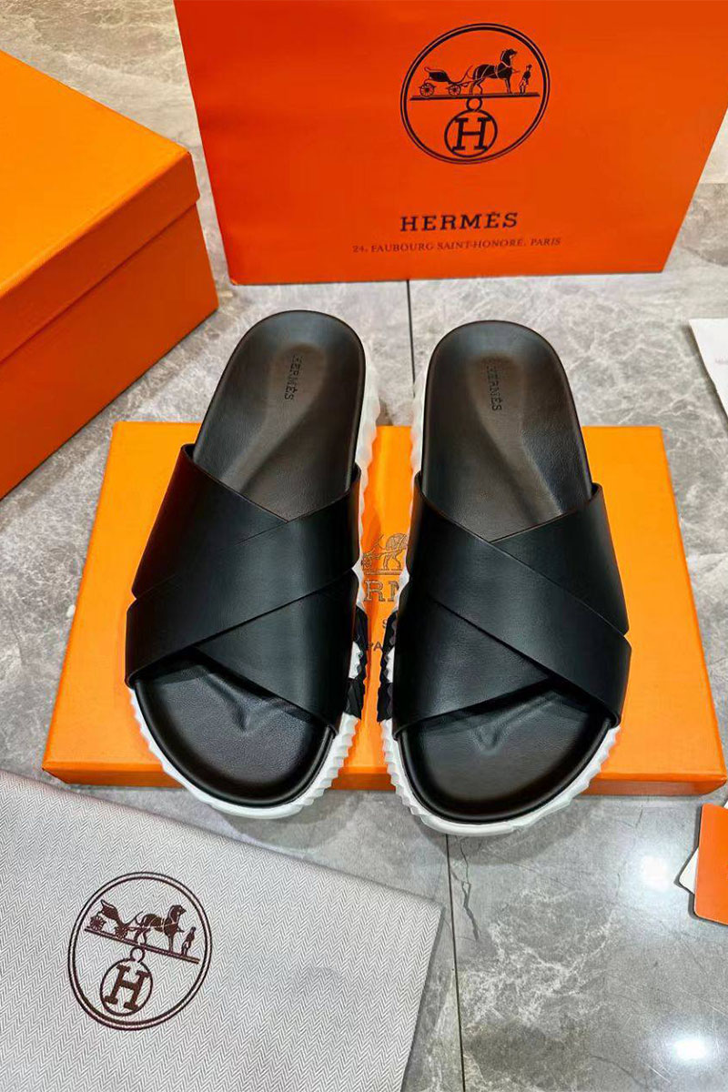 Hermes Мужские кожаные шлёпанцы Infra - Black
