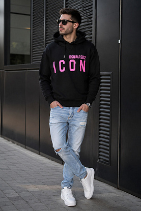 Чёрное худи "ICON" pink logo-print 