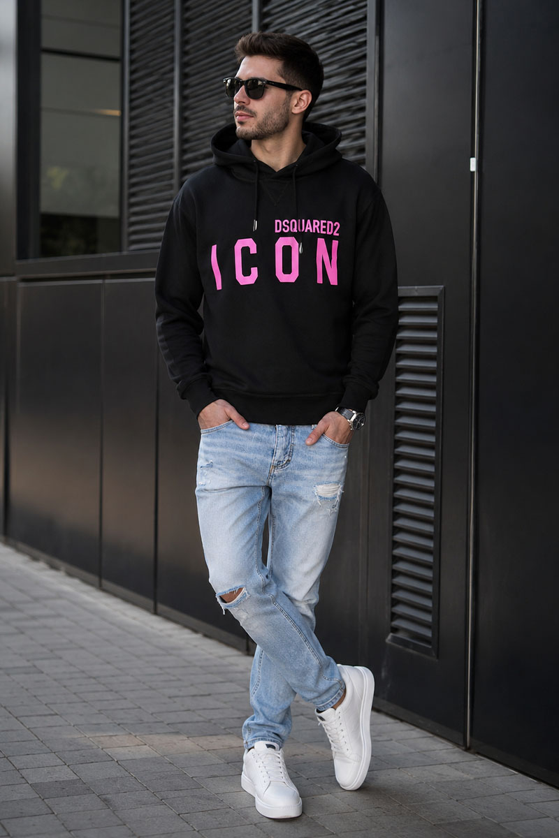 Dsquared2 Чёрное худи "ICON" pink logo-print 